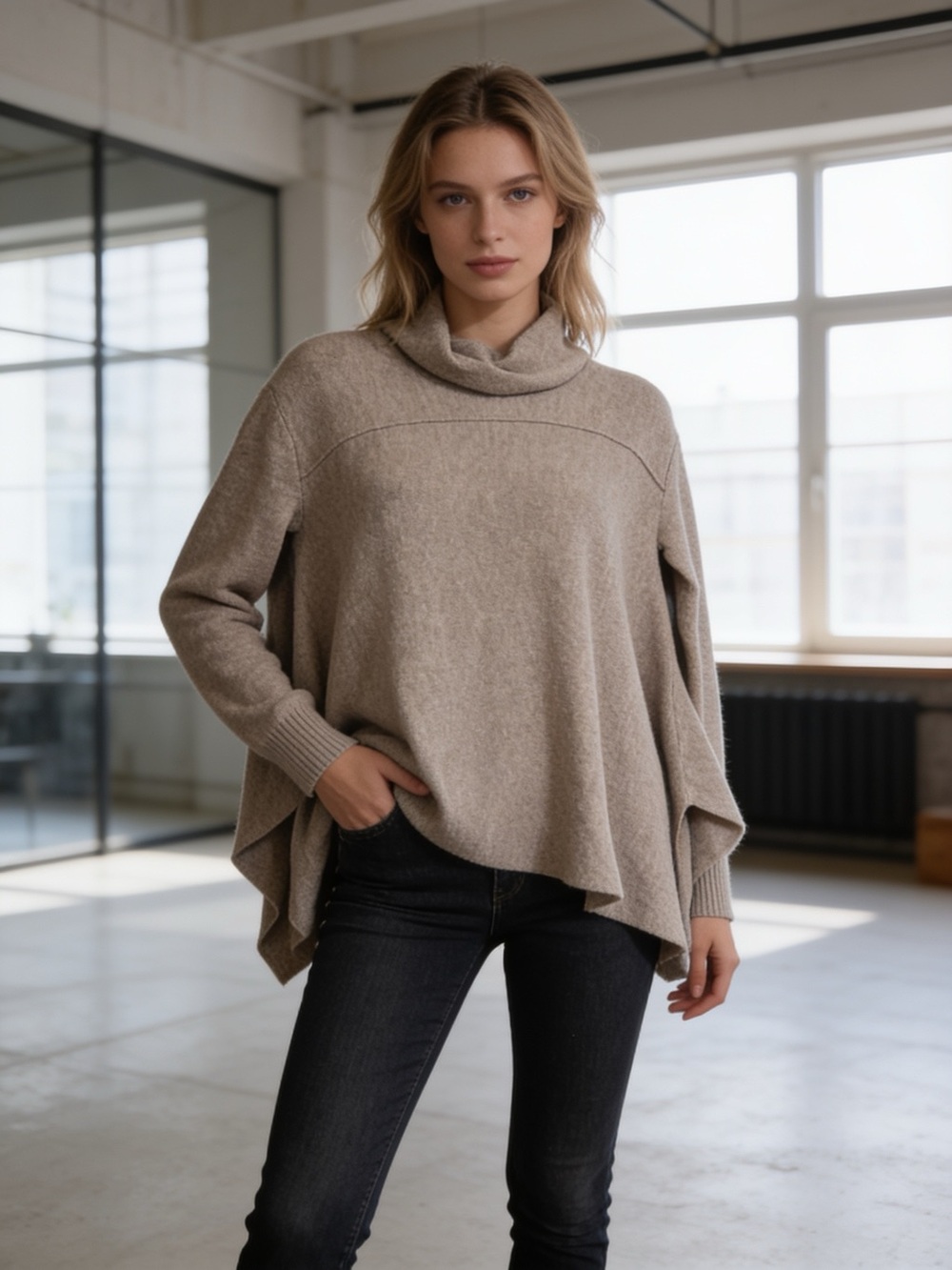 Free People Drapey Cowl Neck Sweater Oatmeal Beige Oversized Small